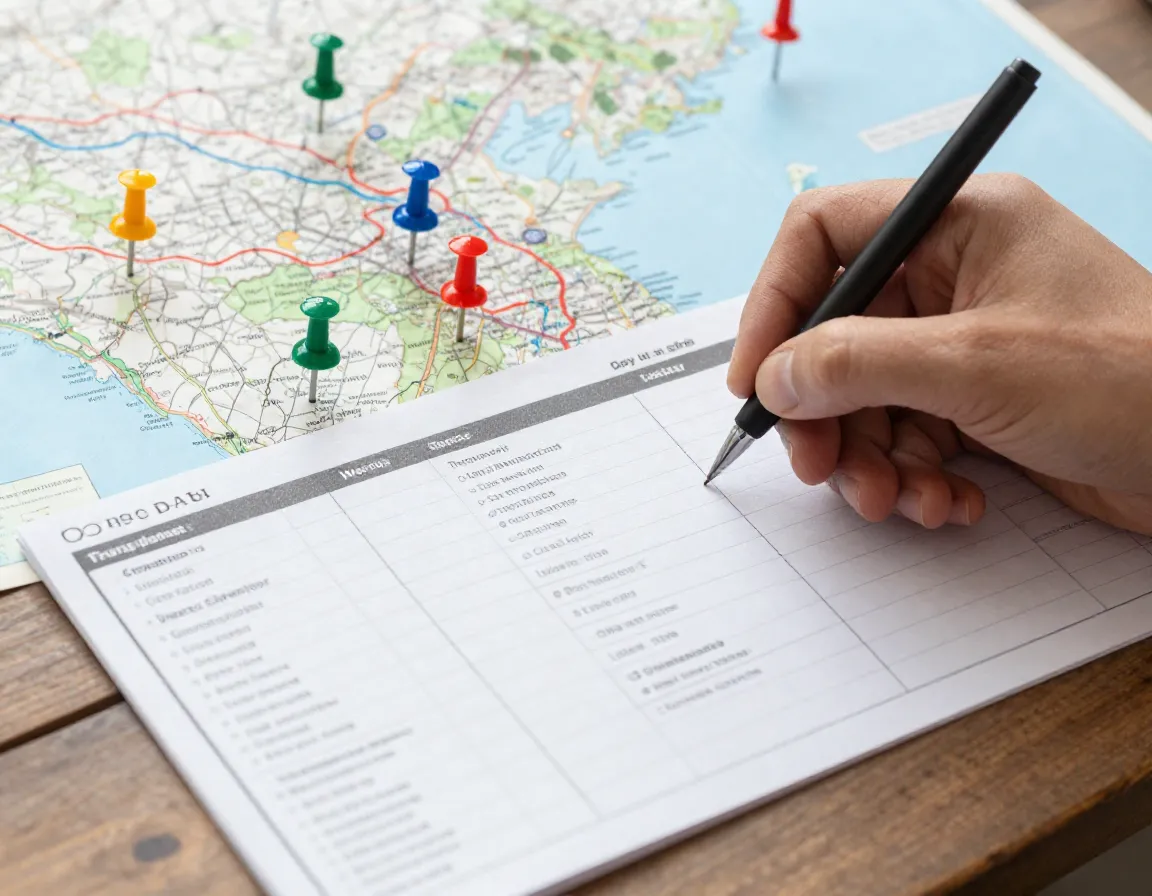 Travel planning consultation with map and itinerary